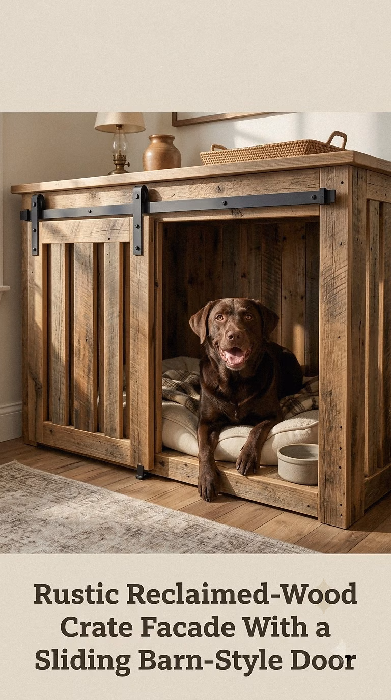 Rustic Reclaimed-Wood Crate Facade With a Sliding Barn-Style Door