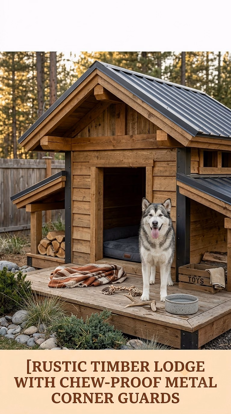 8. Rustic Timber Lodge With Chew-Proof Metal Corner Guards