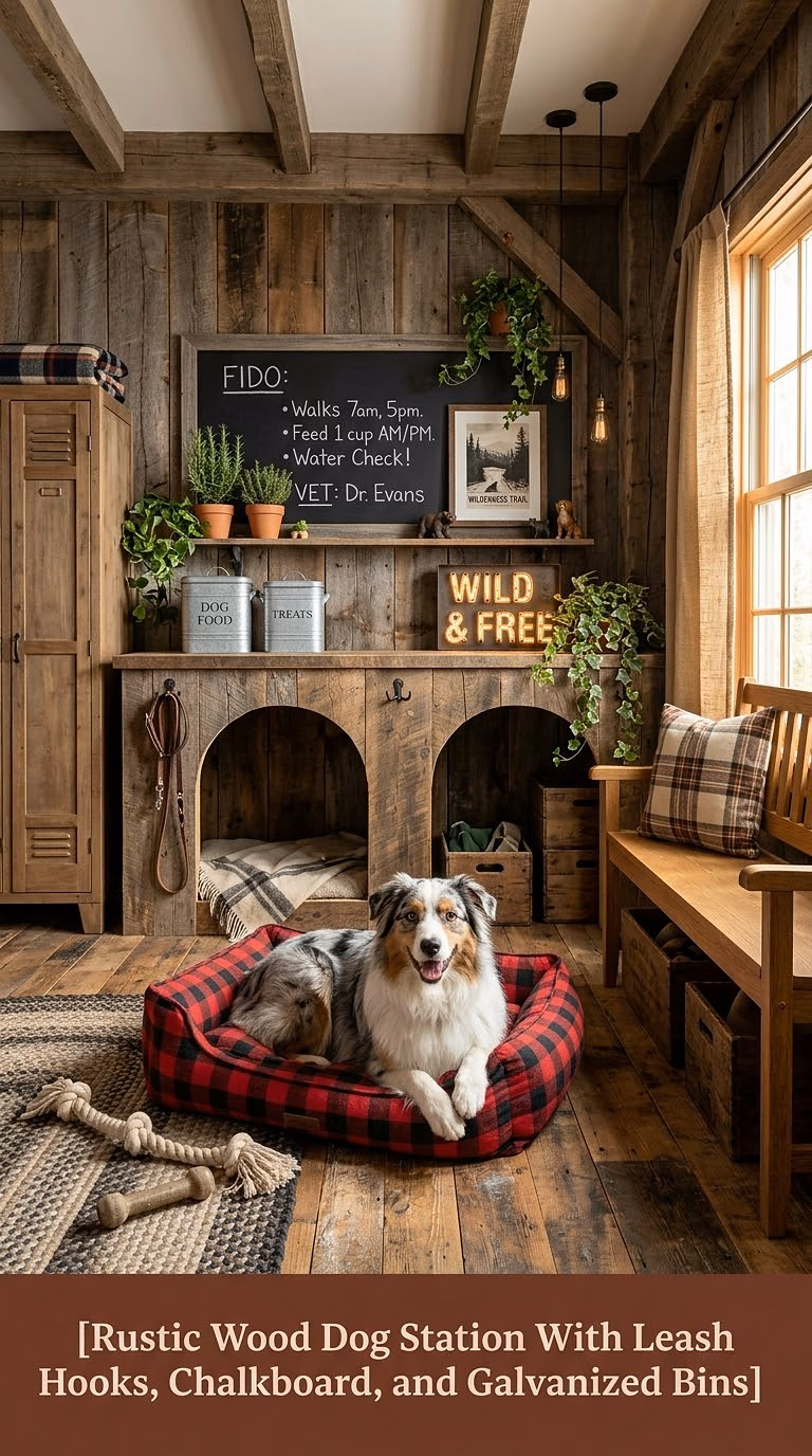 8. Rustic Wood Dog Station With Leash Hooks, Chalkboard, and Galvanized Bins