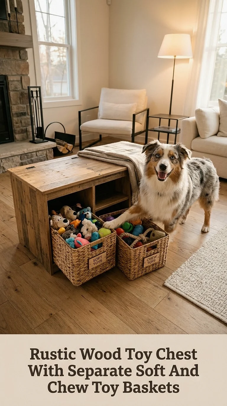 Rustic Wood Toy Chest With Separate Soft And Chew Toy Baskets