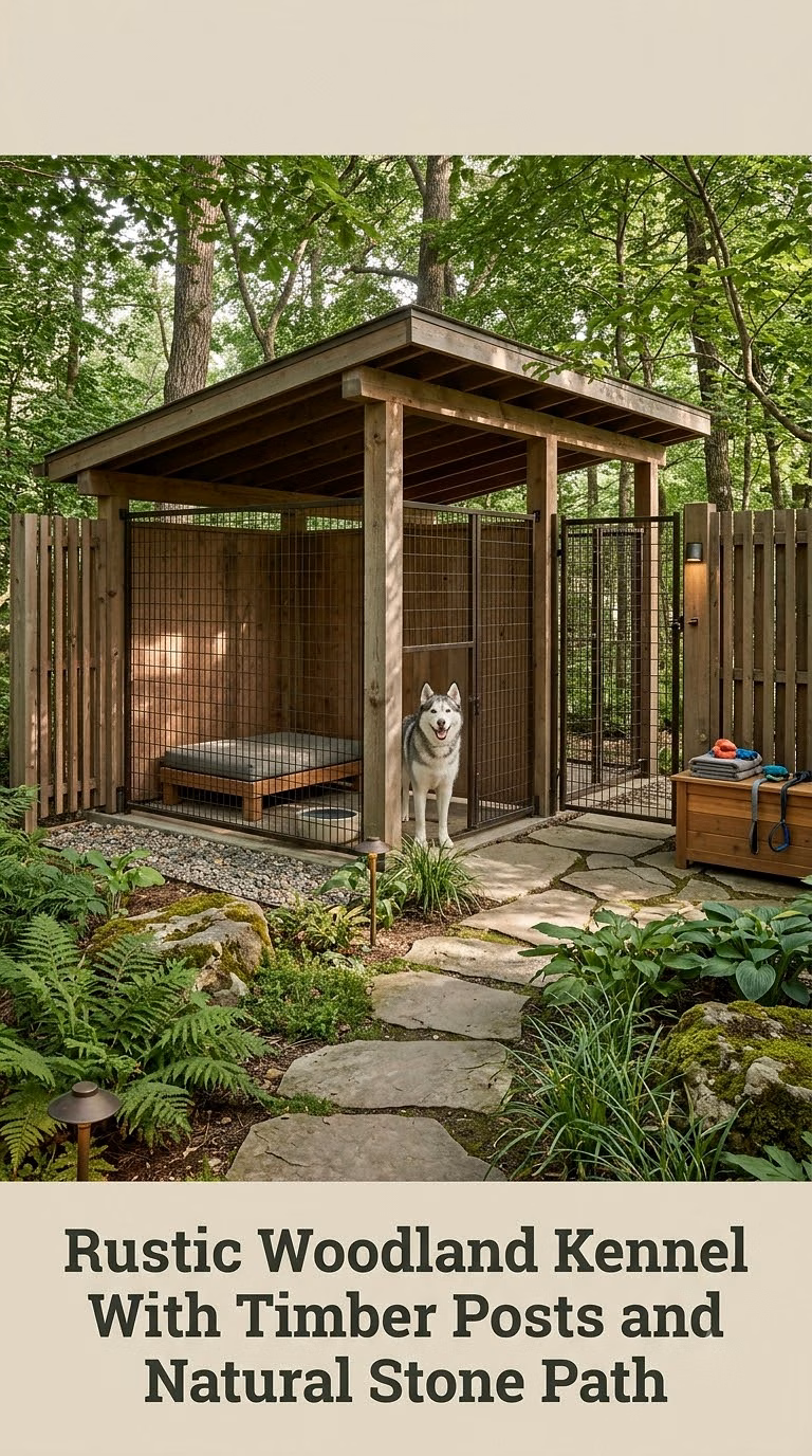 Rustic Woodland Kennel With Timber Posts and Natural Stone Path