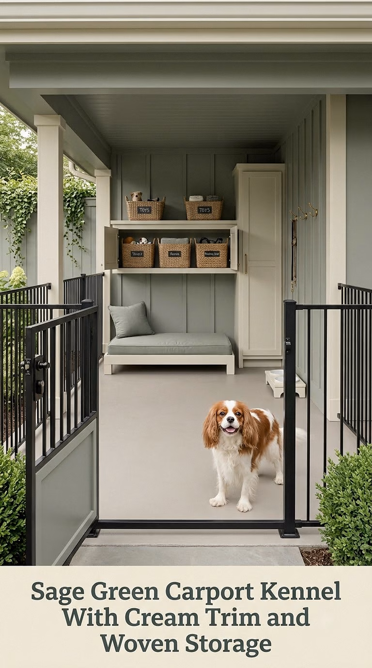 Sage Green Carport Kennel With Cream Trim and Woven Storage
