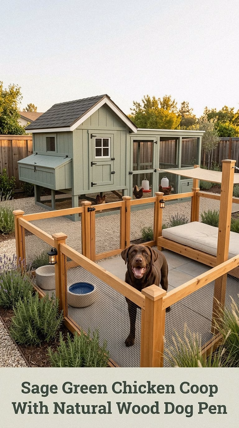 Sage Green Chicken Coop With Natural Wood Dog Pen