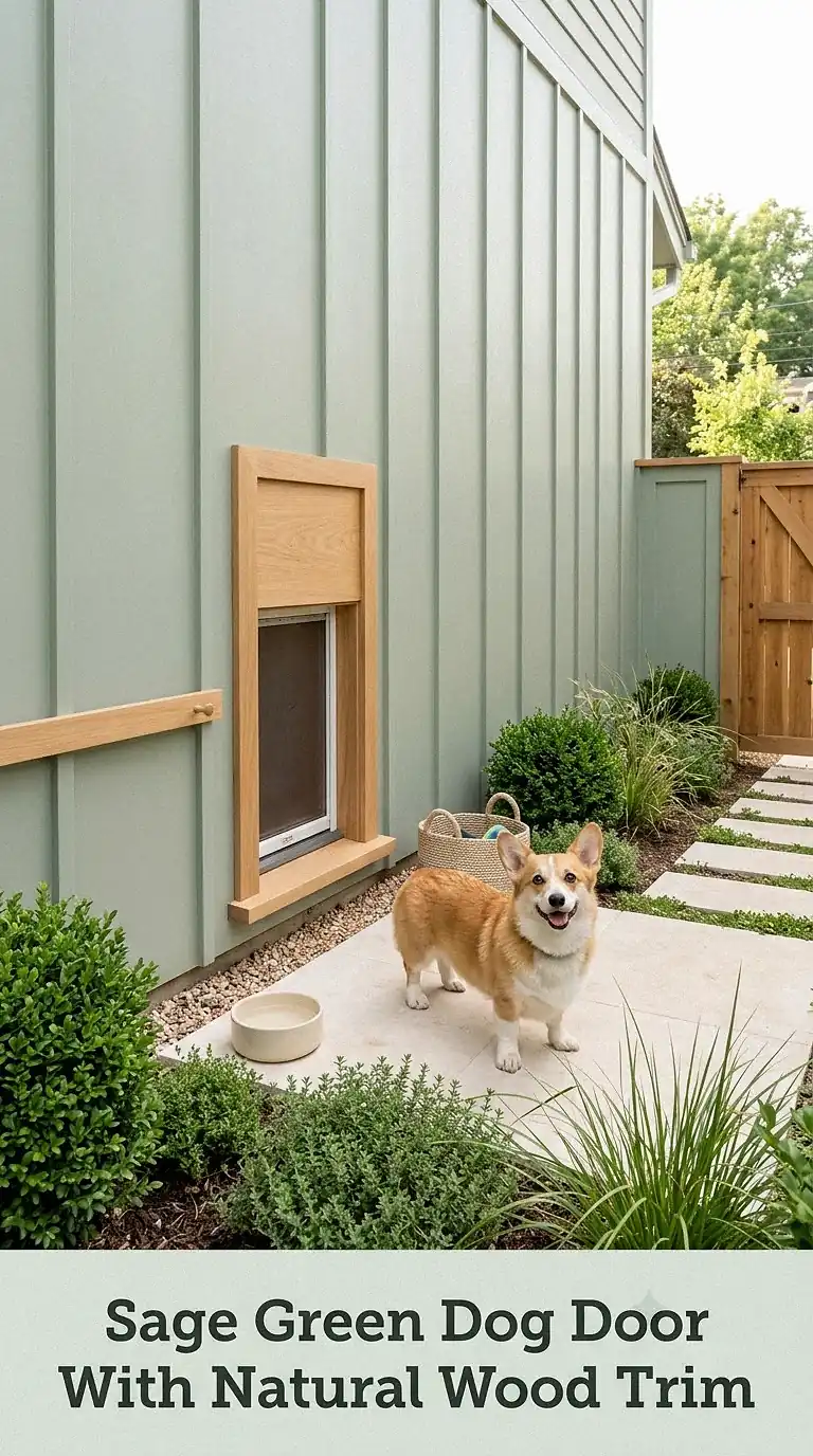 Sage Green Dog Door With Natural Wood Trim