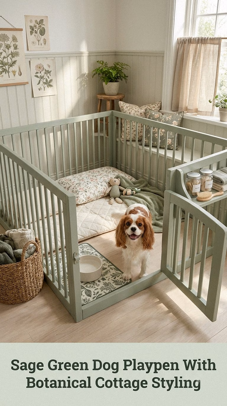 Sage Green Dog Playpen With Botanical Cottage Styling