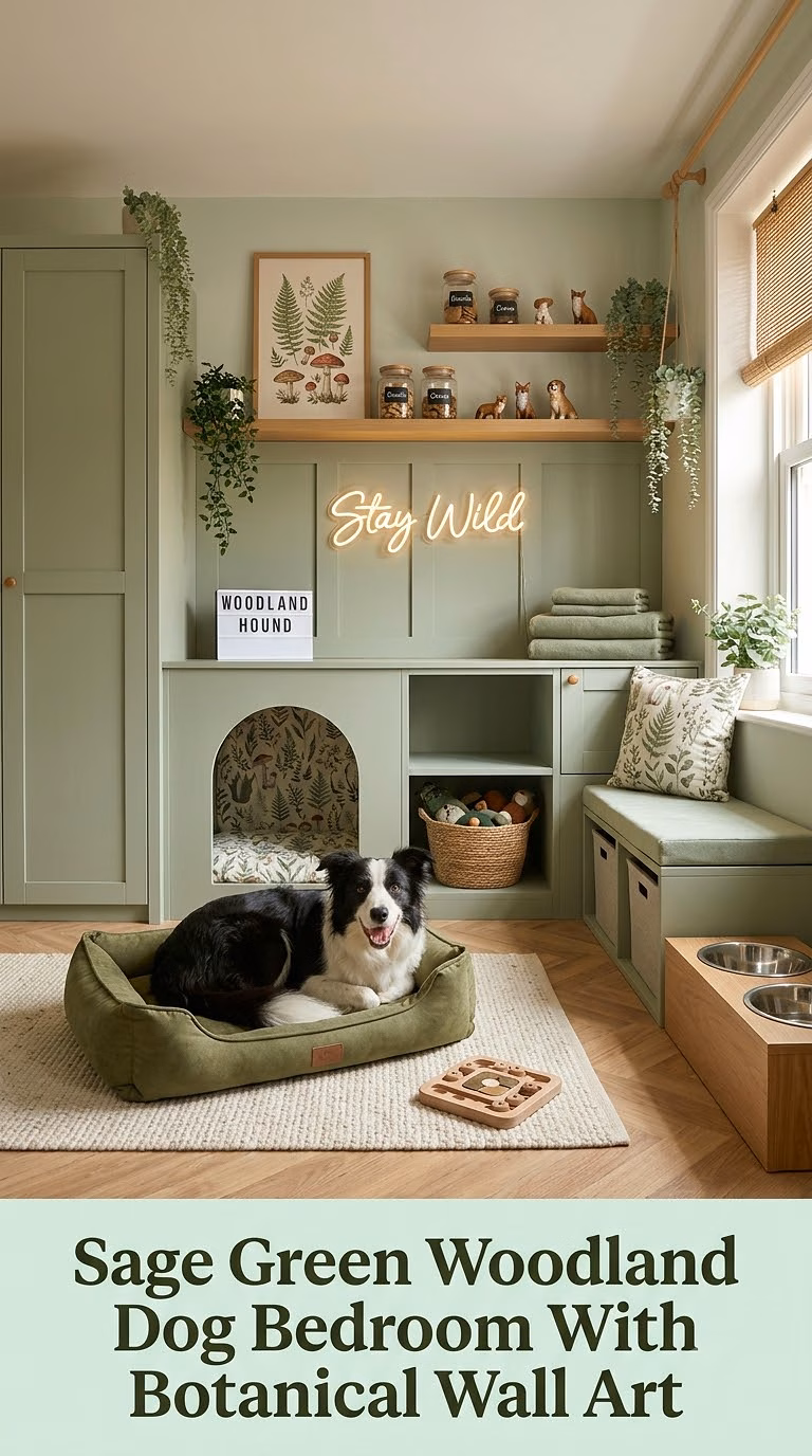 8. Sage Green Woodland Dog Bedroom With Botanical Wall Art