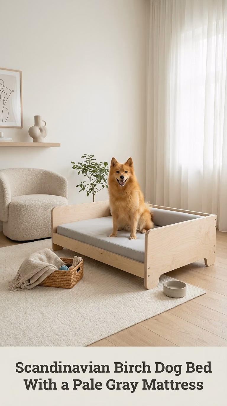 Scandinavian Birch Dog Bed With a Pale Gray Mattress