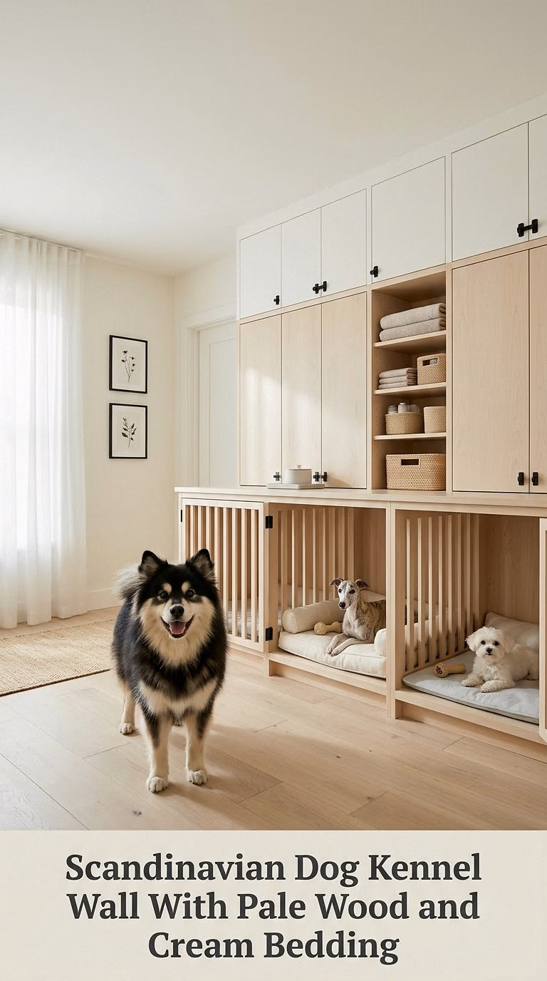 Scandinavian Dog Kennel Wall With Pale Wood and Cream Bedding
