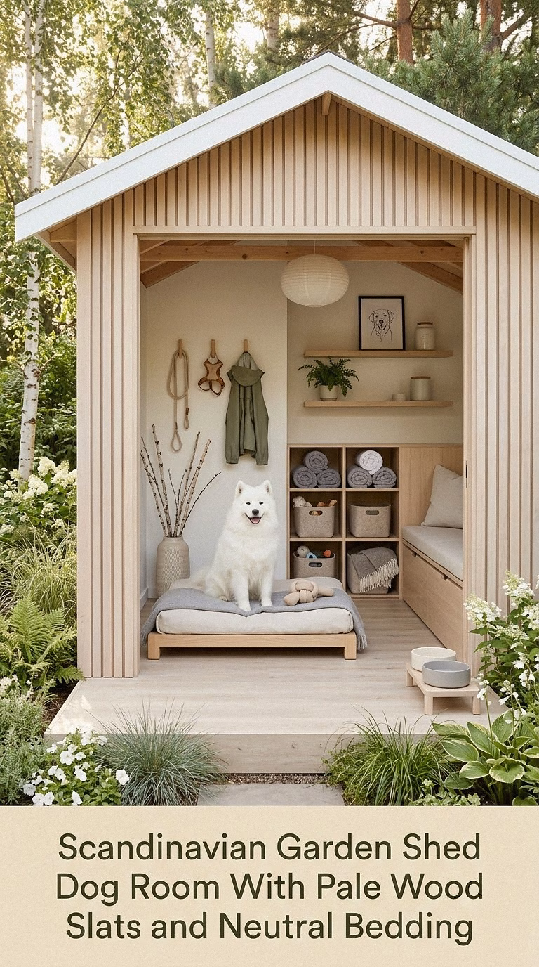 8. Scandinavian Garden Shed Dog Room With Pale Wood Slats and Neutral Bedding