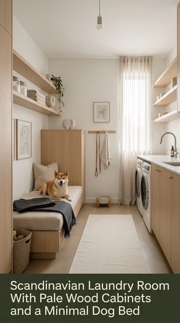 8. Scandinavian Laundry Room With Pale Wood Cabinets and a Minimal Dog Bed