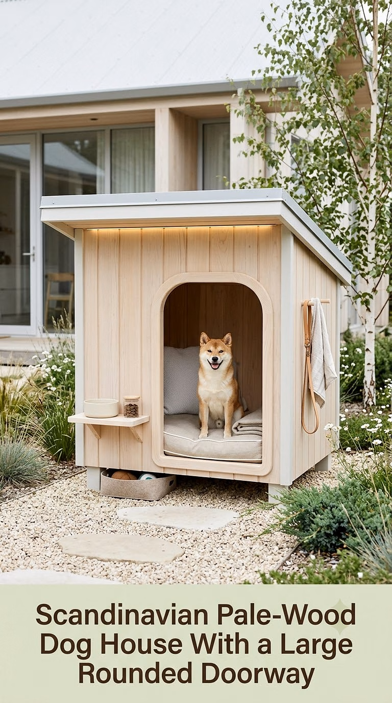 8. Scandinavian Pale-Wood Dog House With a Large Rounded Doorway
