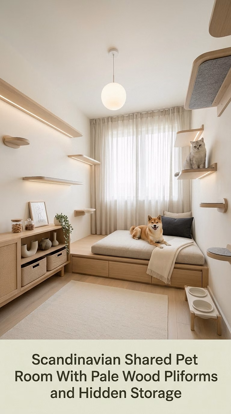 8. Scandinavian Shared Pet Room With Pale Wood Platforms and Hidden Storage