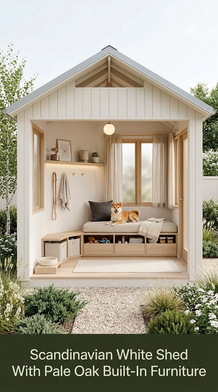 8. Scandinavian White Shed With Pale Oak Built-In Furniture