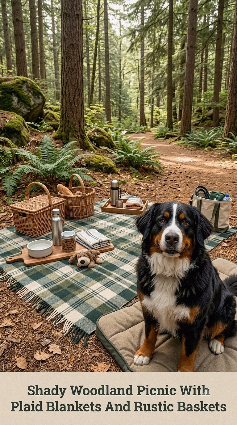 Shady Woodland Picnic With Plaid Blankets And Rustic Baskets