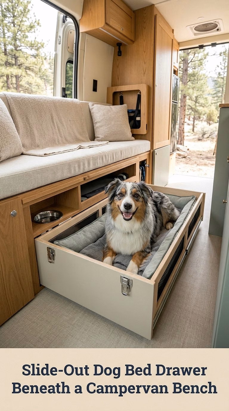 Slide-Out Dog Bed Drawer Beneath a Campervan Bench