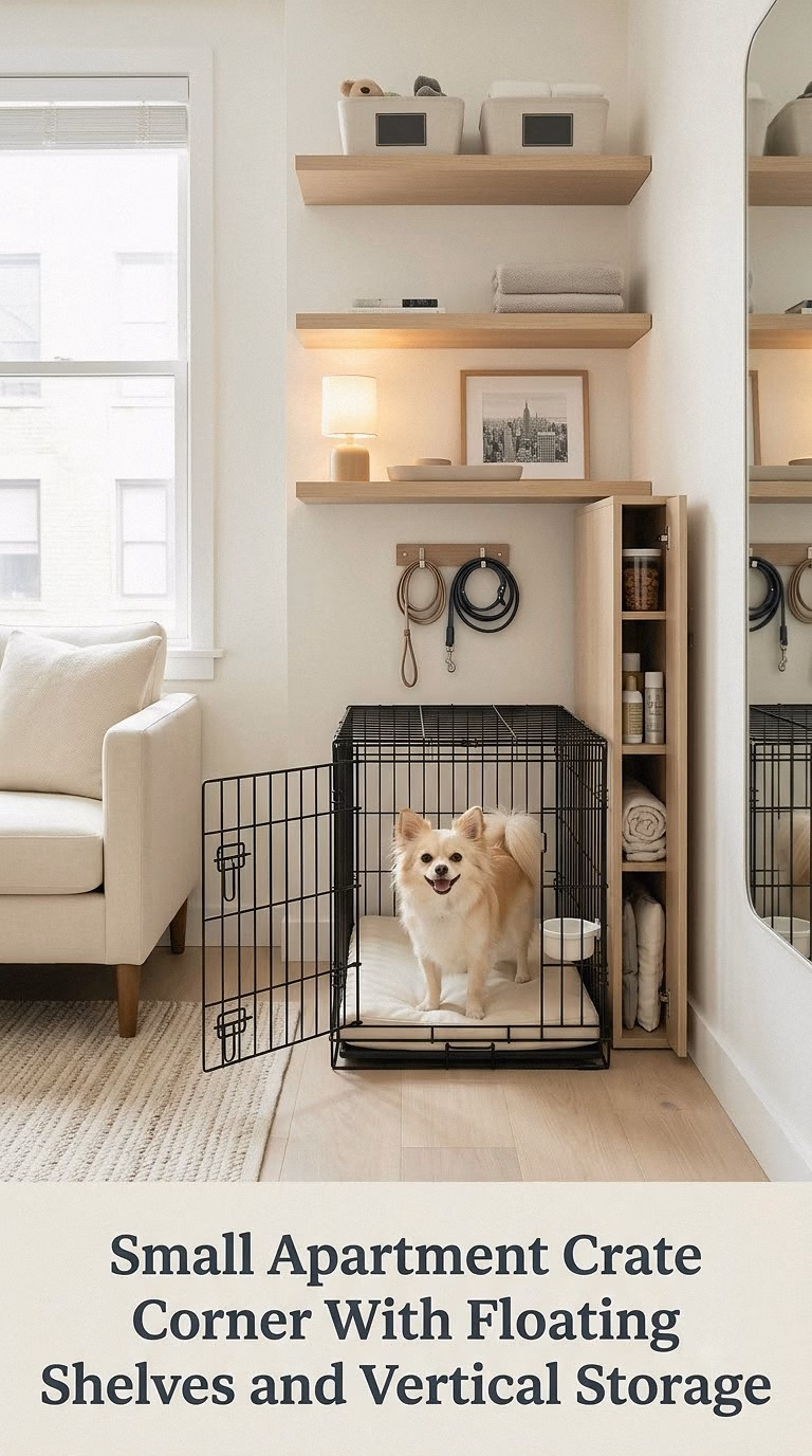 Small Apartment Crate Corner With Floating Shelves and Vertical Storage