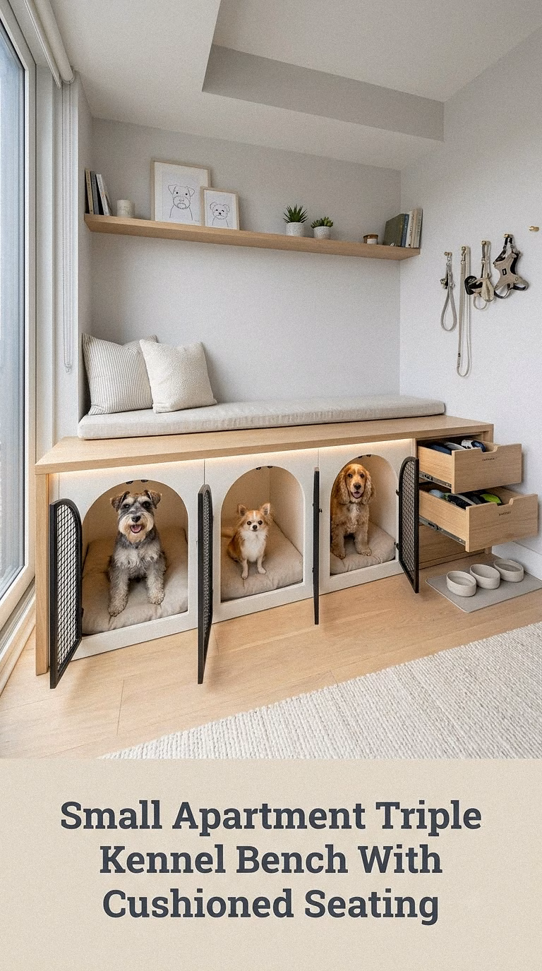 Small Apartment Triple Kennel Bench With Cushioned Seating