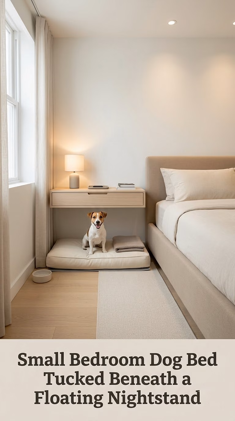 Small Bedroom Dog Bed Tucked Beneath a Floating Nightstand