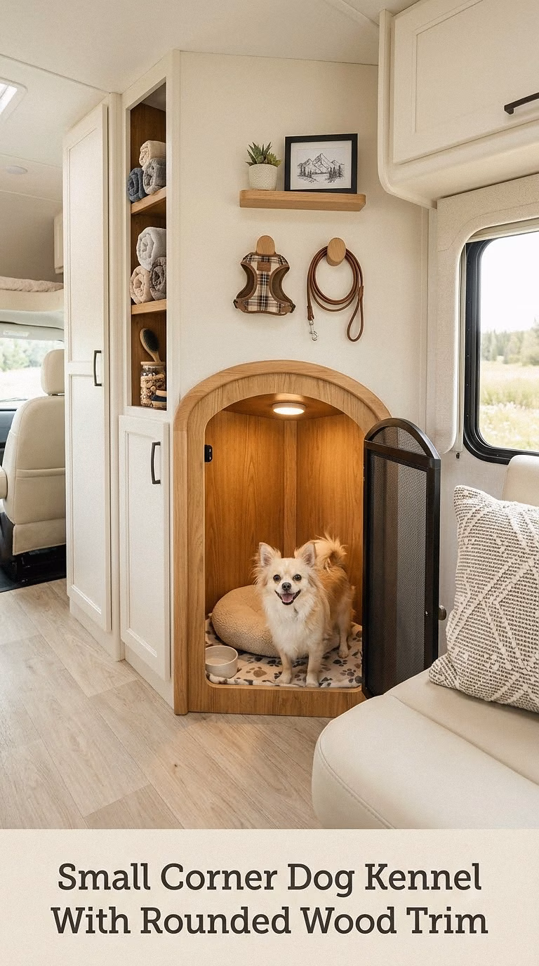 Small Corner Dog Kennel With Rounded Wood Trim