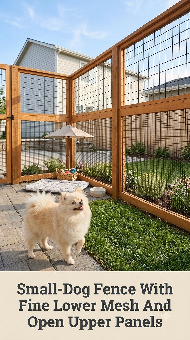 Small-Dog Fence With Fine Lower Mesh And Open Upper Panels