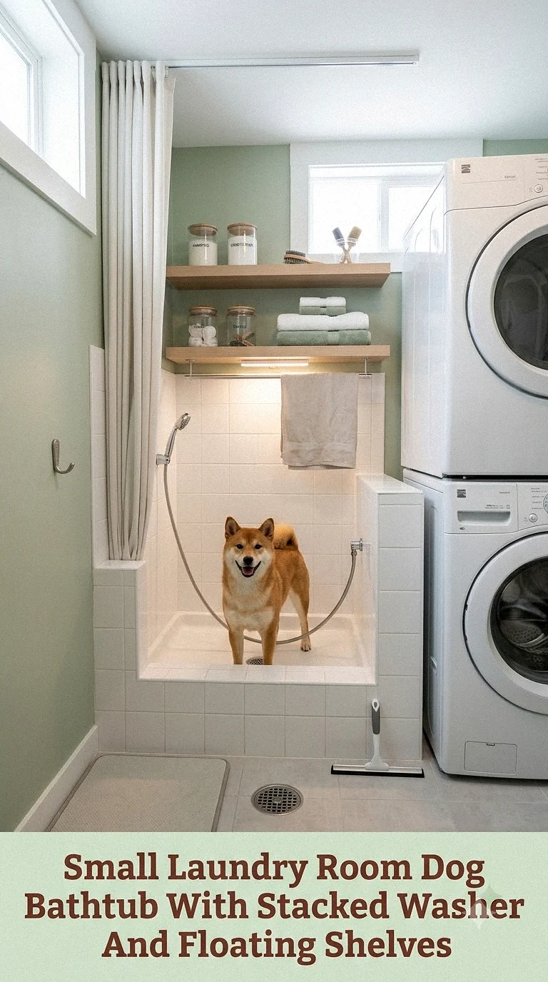 Small Laundry Room Dog Bathtub With Stacked Washer And Floating Shelves