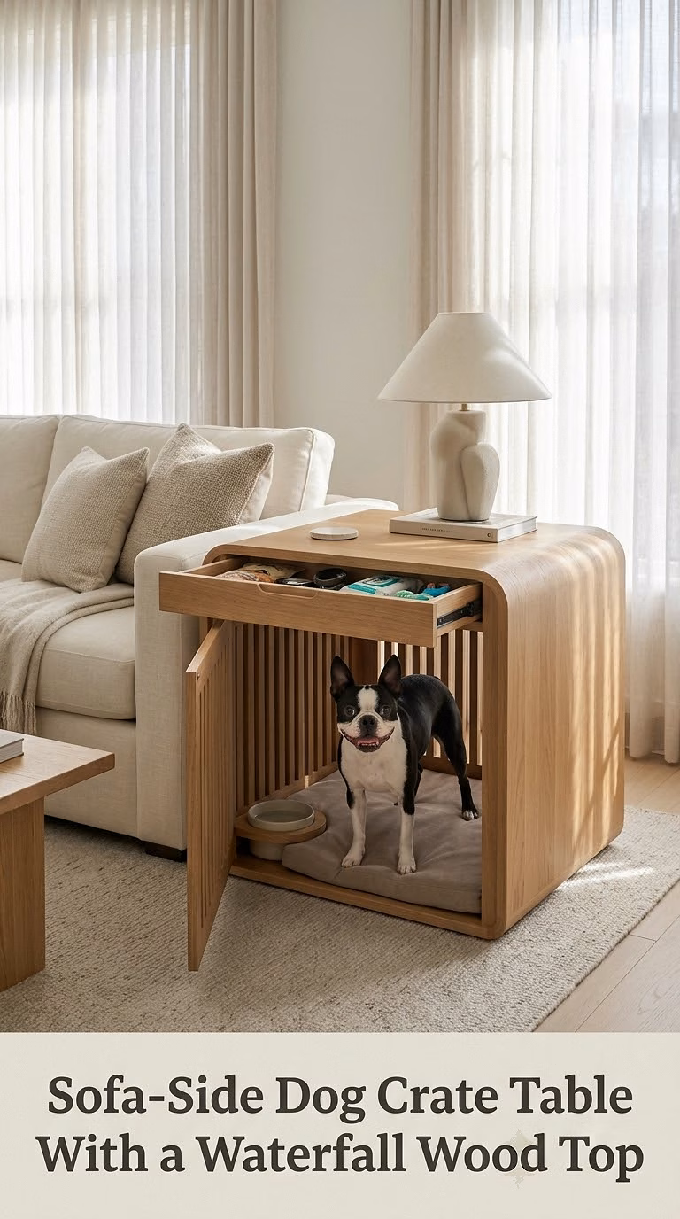 Sofa-Side Dog Crate Table With a Waterfall Wood Top