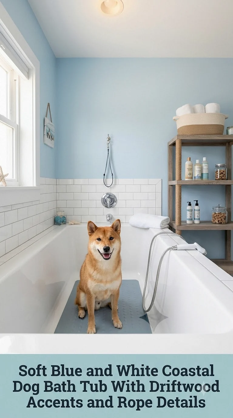 Soft Blue and White Coastal Dog Bath Tub With Driftwood Accents and Rope Details
