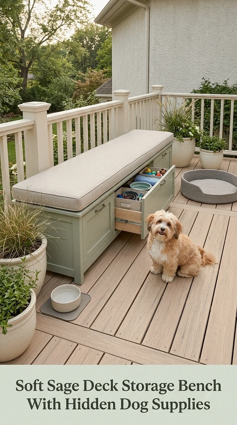 Soft Sage Deck Storage Bench With Hidden Dog Supplies