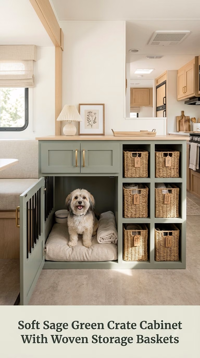 Soft Sage Green Crate Cabinet With Woven Storage Baskets