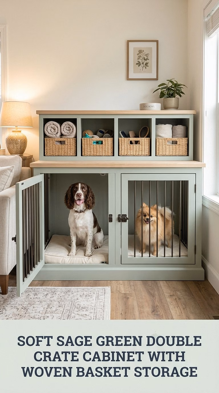 Soft Sage Green Double Crate Cabinet With Woven Basket Storage