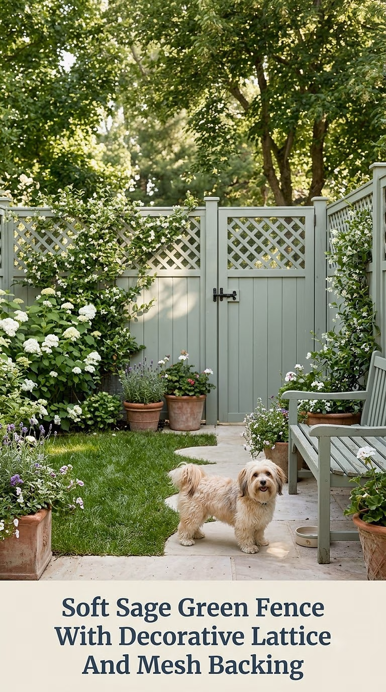 Soft Sage Green Fence With Decorative Lattice And Mesh Backing