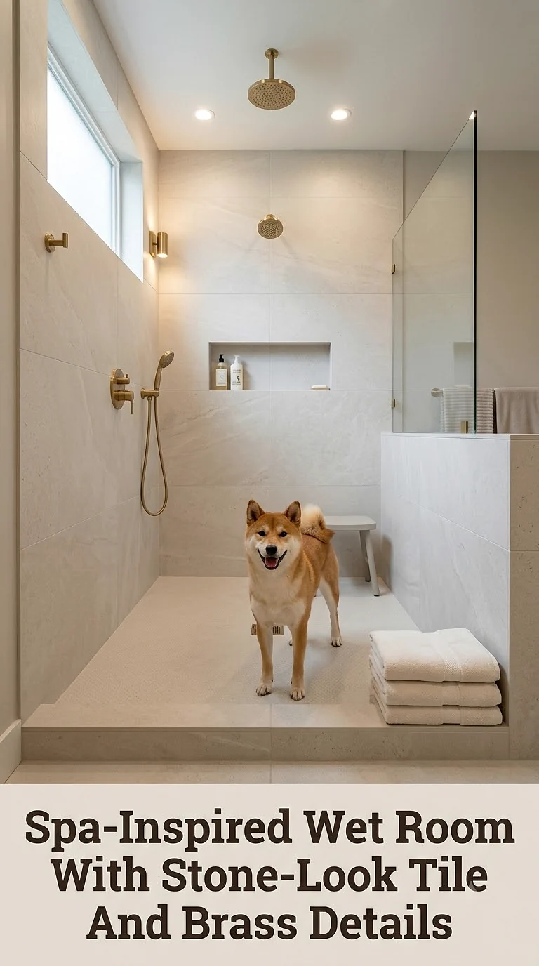 Spa-Inspired Wet Room With Stone-Look Tile And Brass Details