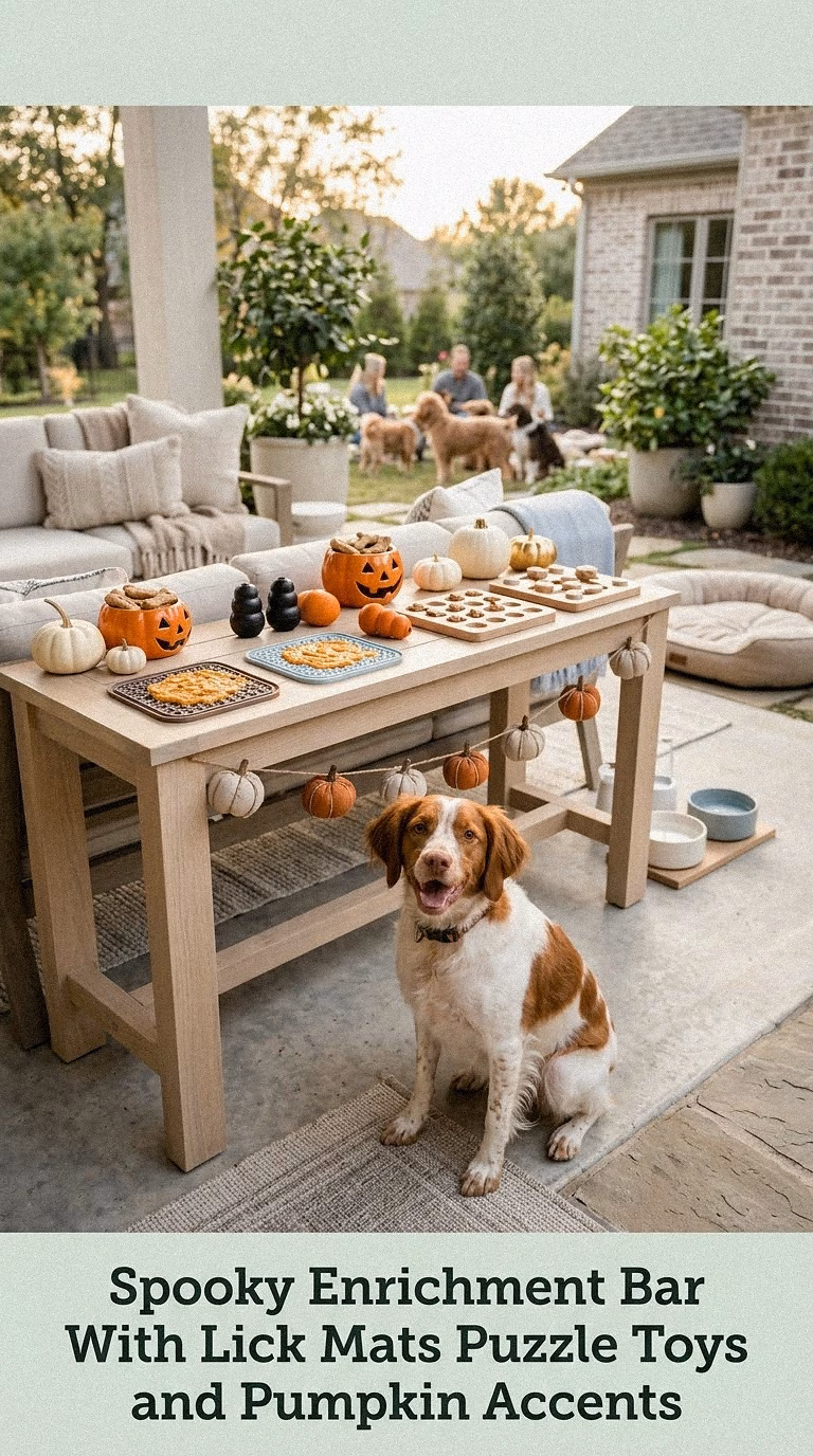 Spooky Enrichment Bar With Lick Mats Puzzle Toys and Pumpkin Accents