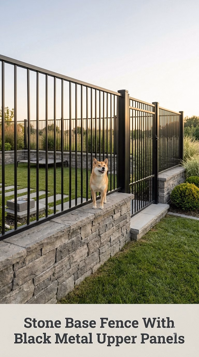 Stone Base Fence With Black Metal Upper Panels