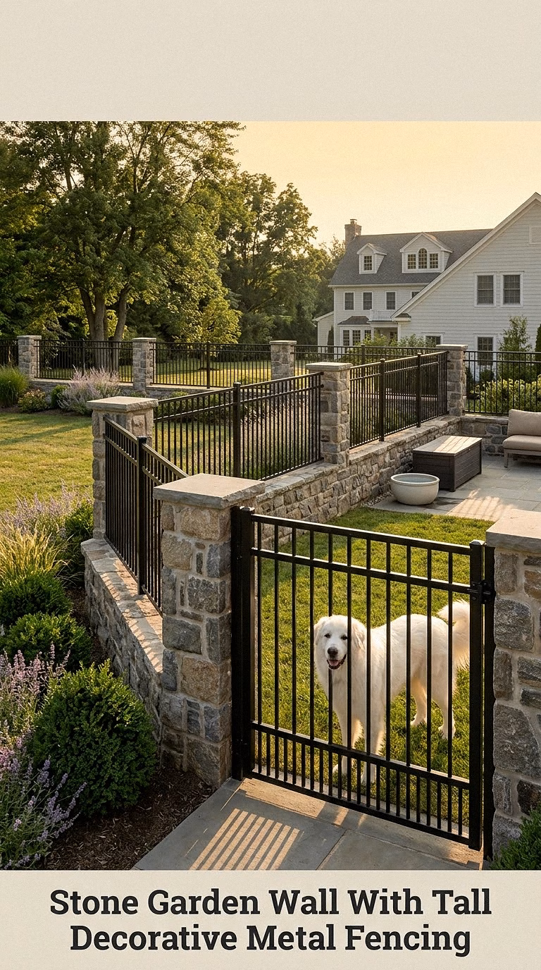 Stone Garden Wall With Tall Decorative Metal Fencing