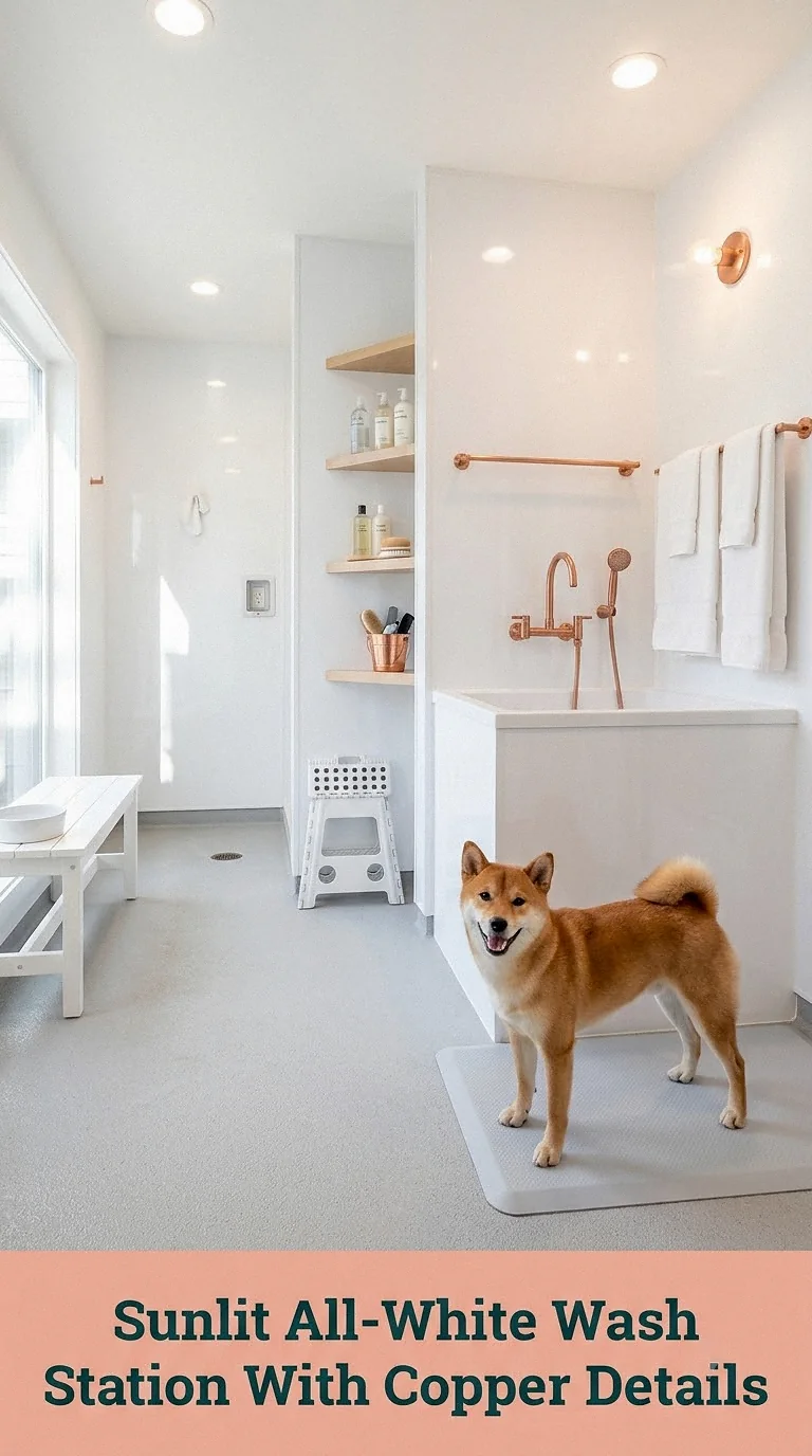 Sunlit All-White Wash Station With Copper Details