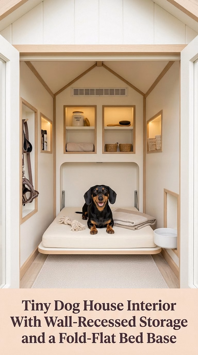 8. Tiny Dog House Interior With Wall-Recessed Storage and a Fold-Flat Bed Base