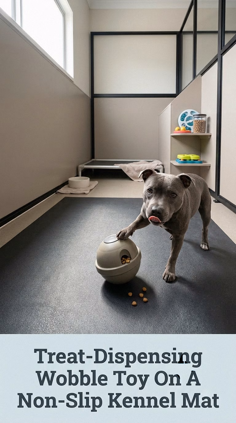 Treat-Dispensing Wobble Toy On A Non-Slip Kennel Mat