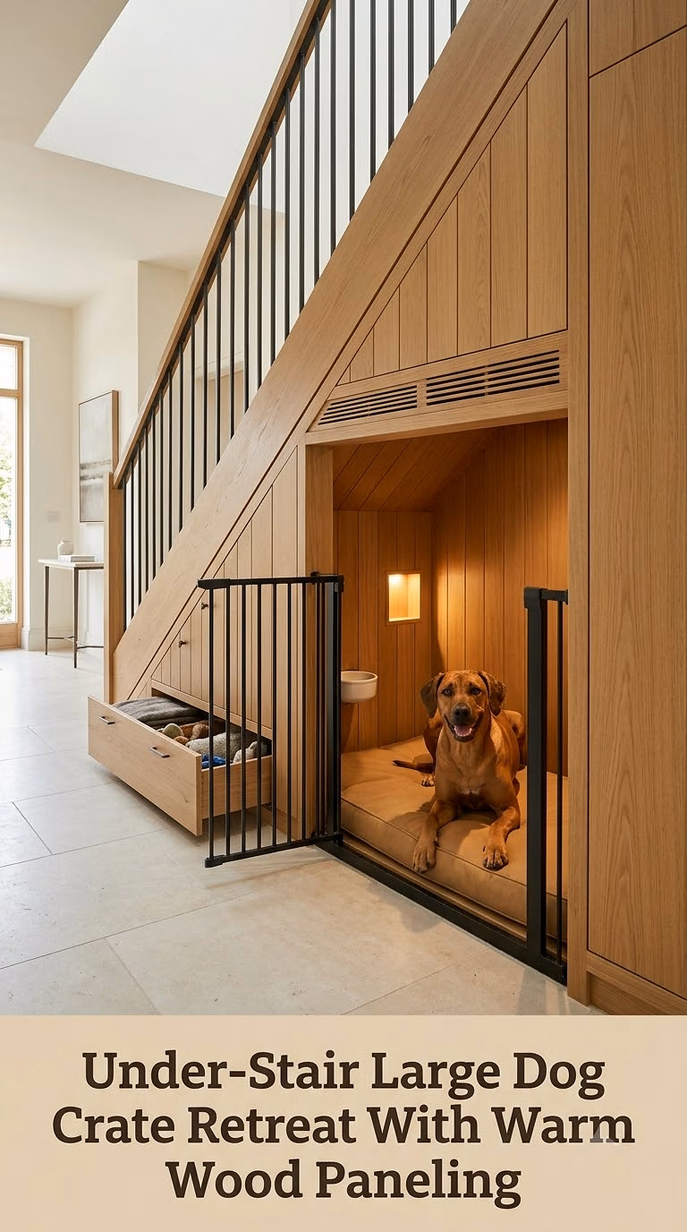 Under-Stair Large Dog Crate Retreat With Warm Wood Paneling