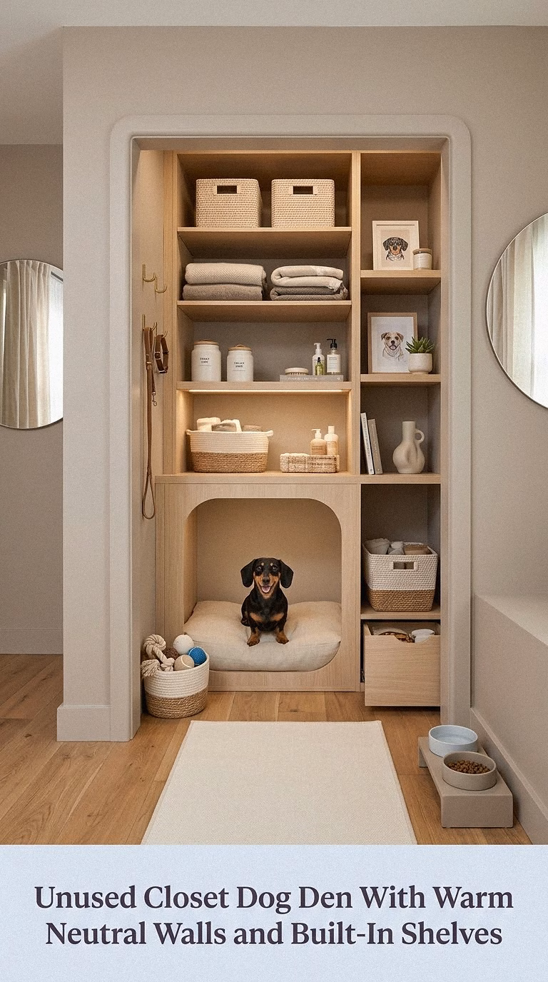 8. Unused Closet Dog Den With Warm Neutral Walls and Built-In Shelves