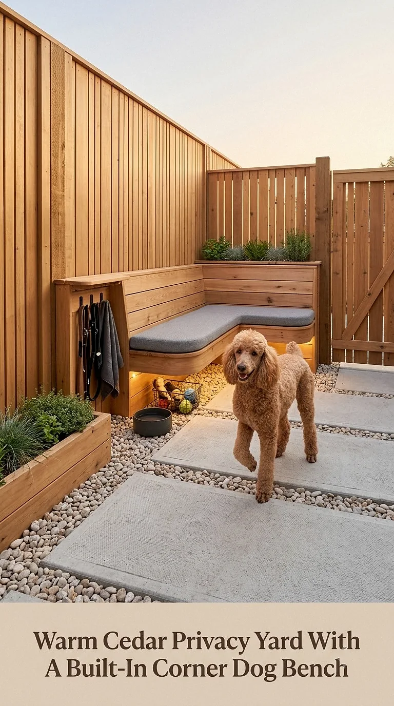 Warm Cedar Privacy Yard With A Built-In Corner Dog Bench