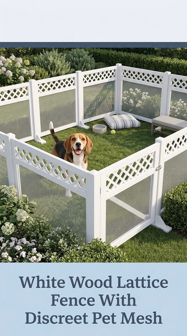 White Wood Lattice Fence With Discreet Pet Mesh