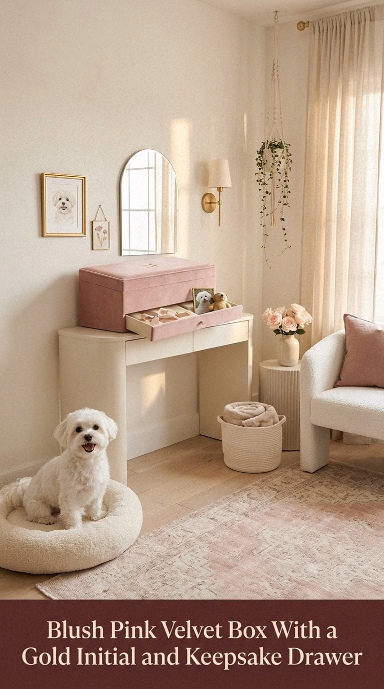9. Blush Pink Velvet Box With a Gold Initial and Keepsake Drawer