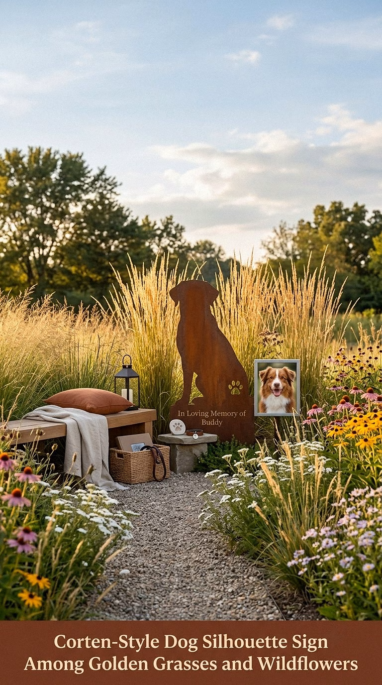 9. Corten-Style Dog Silhouette Sign Among Golden Grasses and Wildflowers