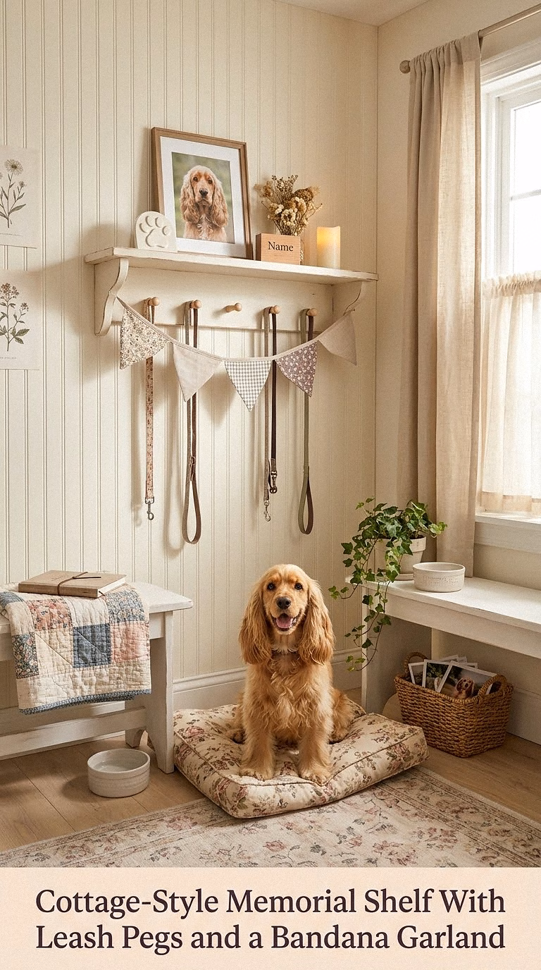 9. Cottage-Style Memorial Shelf With Leash Pegs and a Bandana Garland