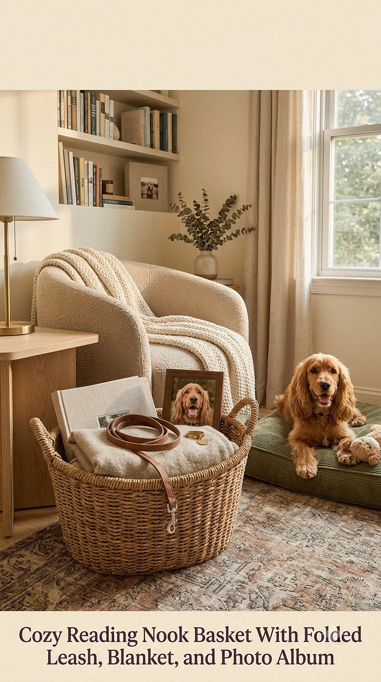 9. Cozy Reading Nook Basket With Folded Leash, Blanket, and Photo Album