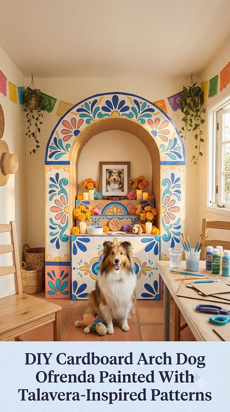 9. DIY Cardboard Arch Dog Ofrenda Painted With Talavera-Inspired Patterns