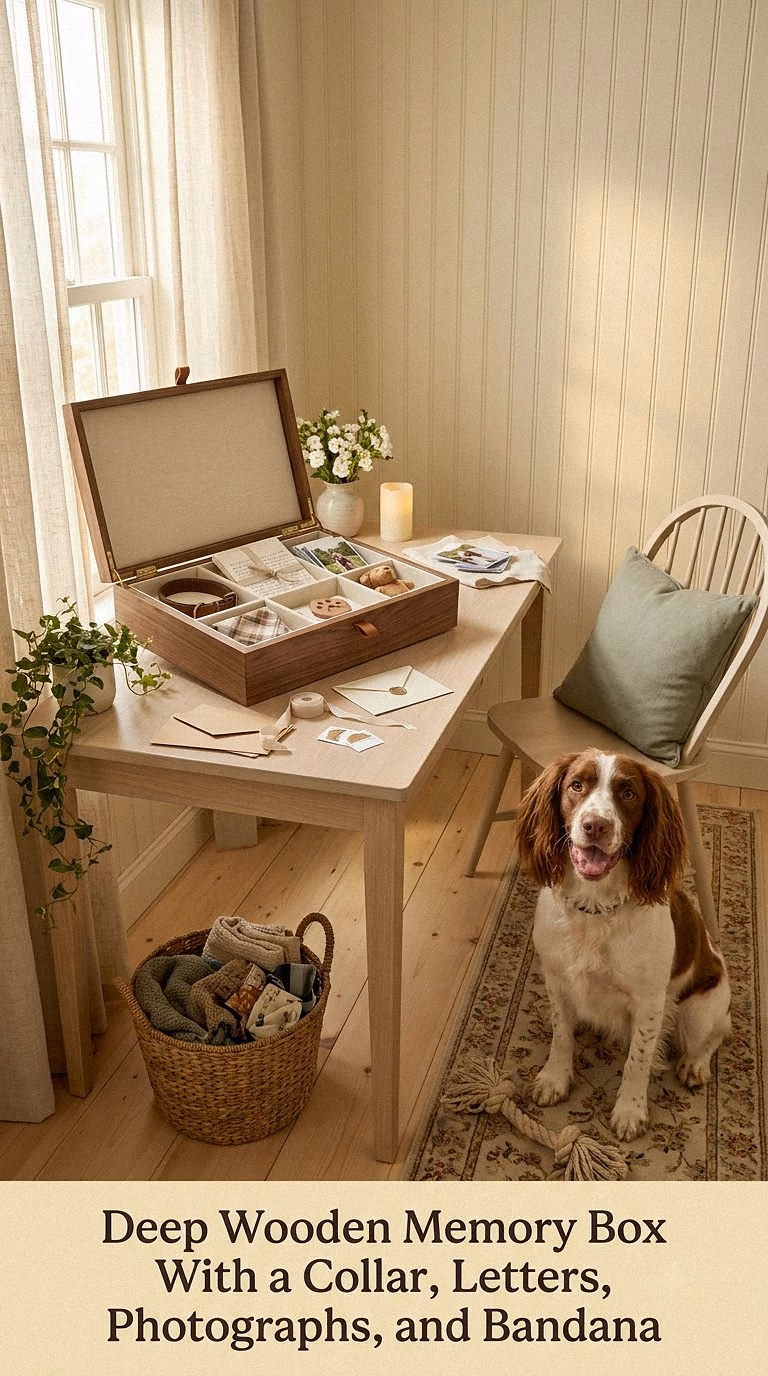 9. Deep Wooden Memory Box With a Collar, Letters, Photographs, and Bandana
