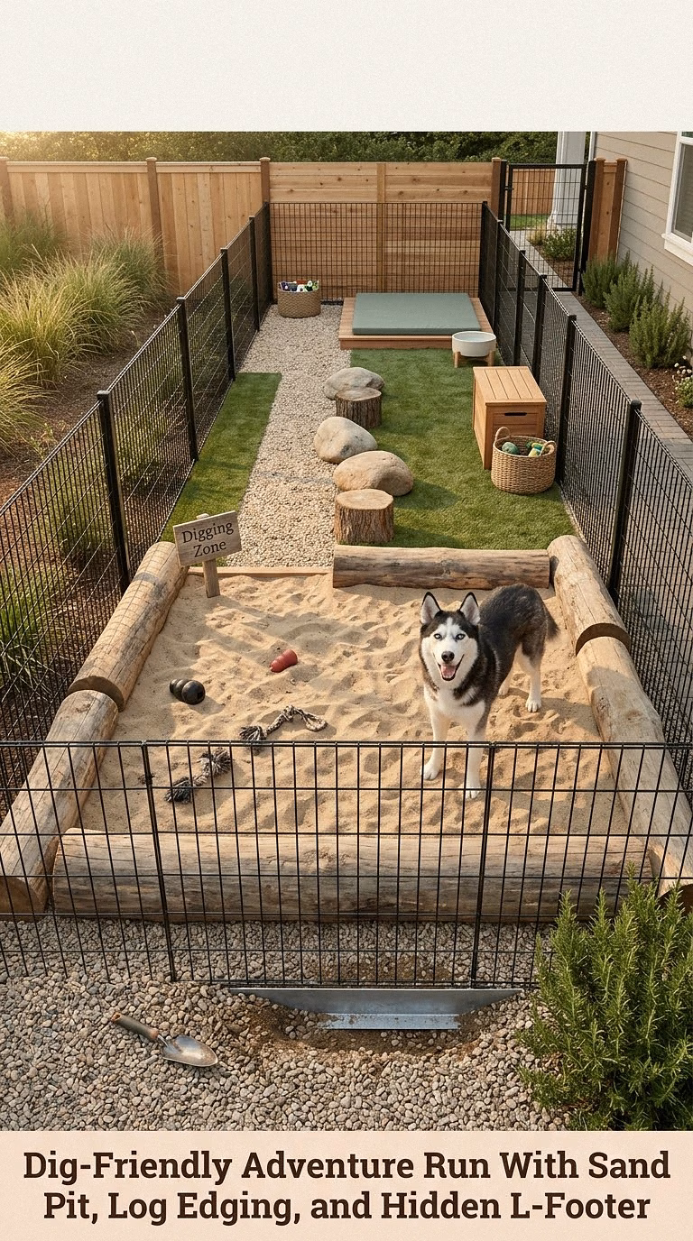 9. Dig-Friendly Adventure Run With Sand Pit, Log Edging, and Hidden L-Footer