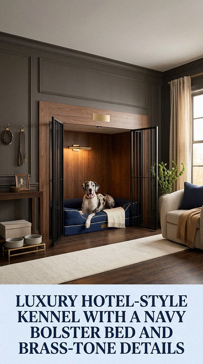 9. Luxury Hotel-Style Kennel With a Navy Bolster Bed and Brass-Tone Details